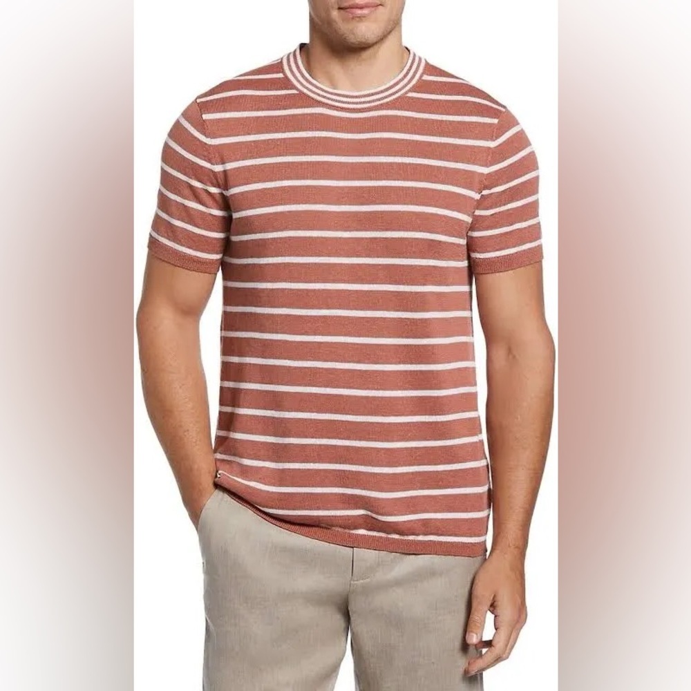Perry Ellis linen blend copper short sleeve stripe Sweater Shirt Size XL NWT